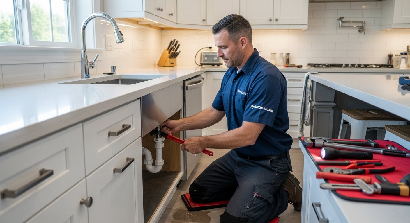 Professional plumber working under a kitchen sink in a York home, using a wrench on copper pipework